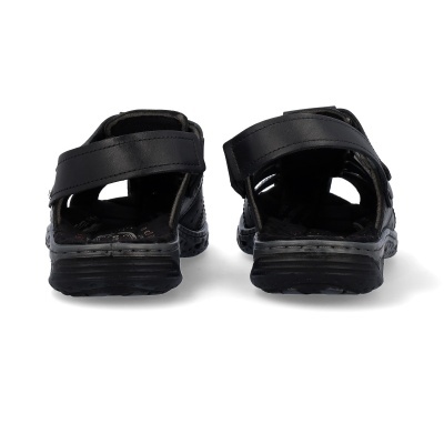 Sandálias masculinas pretas vistas de trás com tiras largas e fecho de velcro