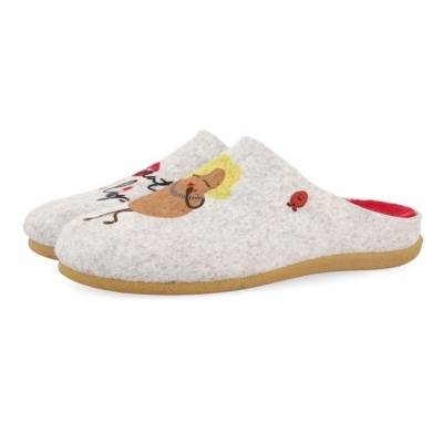 Chinelos cinzentos com padrão animado e sola castanha