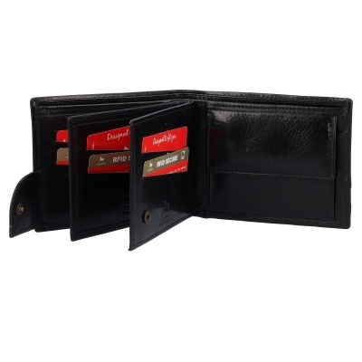 Carteira de pele preta aberta com cartões visíveis