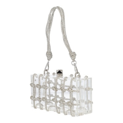 Mala transparente com padrão em rede e alça de contas prateadas