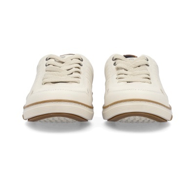 Sapatos desportivos bege clara com atacadores e sola branca com detalhe castanho