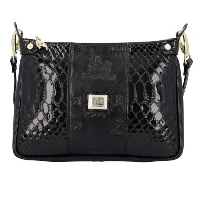 Mala preta em couro com textura tipo pele de réptil e detalhes dourados
