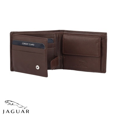 Carteira de couro castanho Jaguar aberta mostrando compartimentos