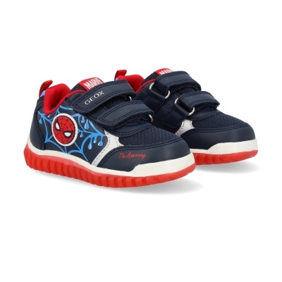 Sapatilhas infantis Geox Homem Aranha azul e vermelho com padrão teia