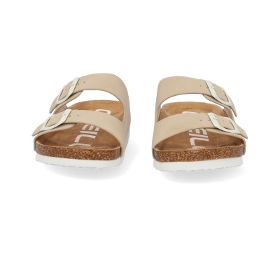 Sandálias de duas tiras beige com sola de cortiça e exterior branca