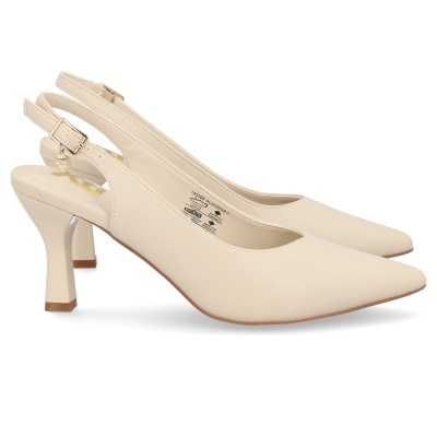 Sapatos de salto médio bege com tiras traseiras ajustáveis e biqueira pontiaguda