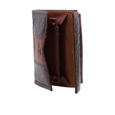 Carteira de pele castanha com fecho e bolso interior