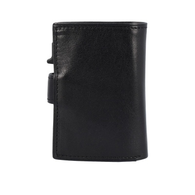 Carteira preta em pele com textura lisa e fecho lateral