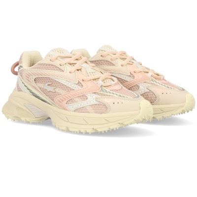 Sapatilhas desportivas bege, rosa e branco com sola robusta e logótipo Lacoste