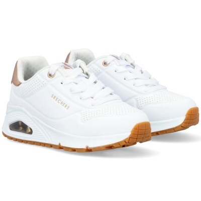 Ténis Skechers brancos com sola castanha e detalhes dourados