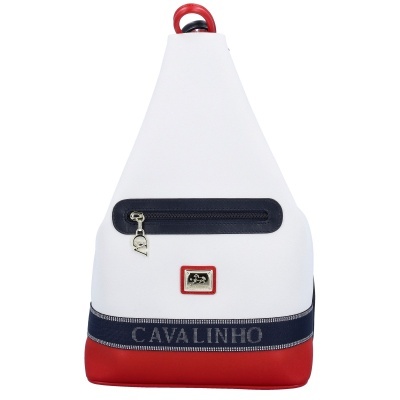 Mochila branca com base vermelha e detalhes em azul com logótipo e faixa CAVALINHO