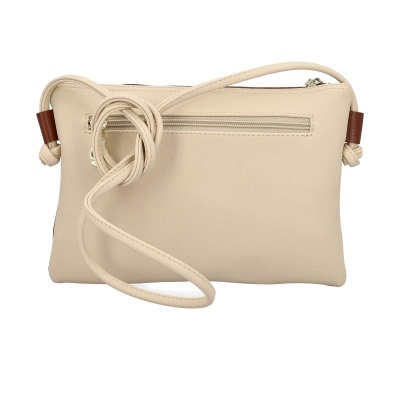 Mala pequena bege com alça fina e detalhes em couro castanho