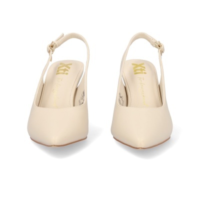 Sapatos de senhora slingback bege com salto médio e fivela dourada