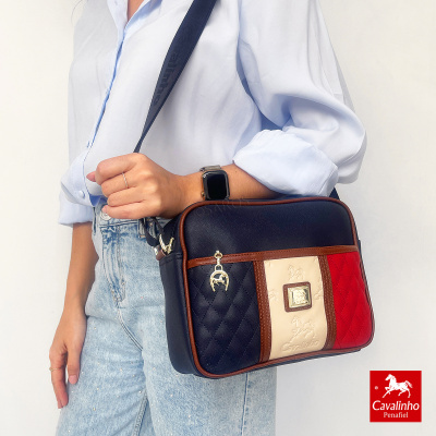Bolsa de ombro Azul, bege e vermelho Cavalinho com detalhes castanhos