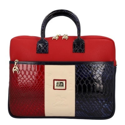 Mala de mão vermelha com padrão de pele de crocodilo vermelho, bege e azul escuro e detalhes dourados