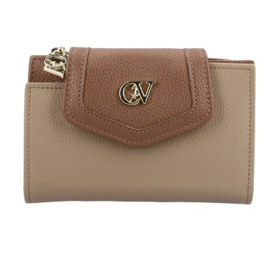 Carteira em pele sintética bege e castanho com logo metálico CV