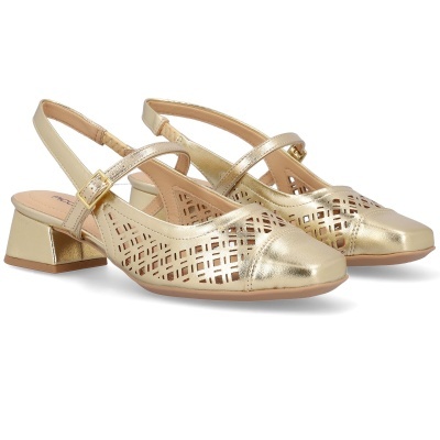 Sapatos dourados de senhora com salto médio e padrões recortados