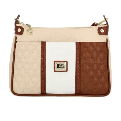 Mala de mão bege e castanho com padrão acolchoado e detalhes em metal dourado.