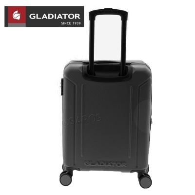 Mala de viagem rígida preta da marca Gladiator com quatro rodas e alça extensível.
