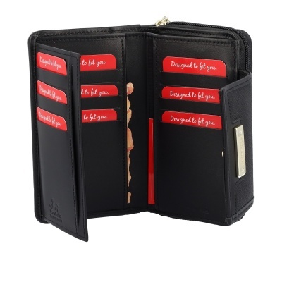Carteira preta de pele com múltiplos compartimentos para cartões e etiquetas vermelhas de texto branco