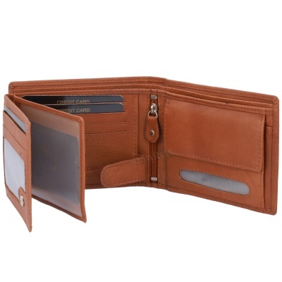 Carteira masculina aberta em pele castanha com compartimentos para cartões e bolso com fecho