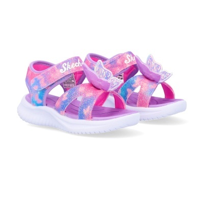 Sandálias coloridas Skechers para crianças com asas decorativas