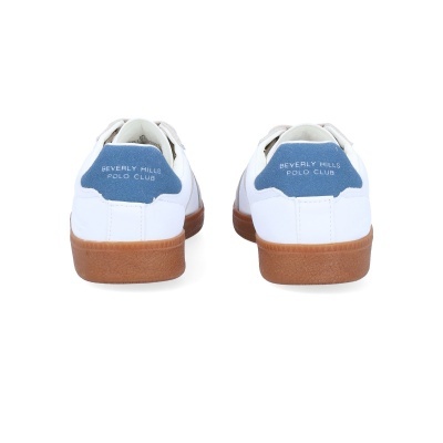 Sapatilhas brancas com sola castanha e detalhe azul com texto no calcanhar