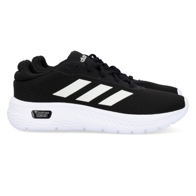 Ténis desportivos pretos com riscas brancas e sola branca