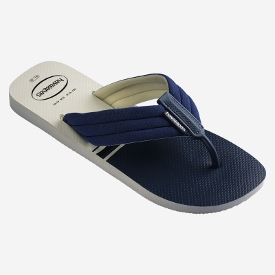 Chinelo Havaianas azul-marinho e bege com tiras acolchoadas e logo