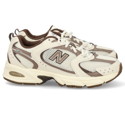 Sapatilhas New Balance 530 brancas e castanhas com malha e pele sintética