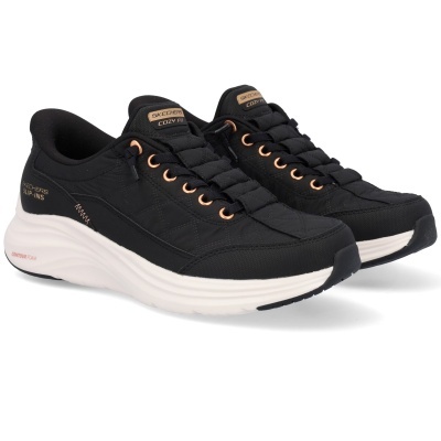 Sapatilhas pretas Skechers com sola branca espessa e detalhes rosa dourado