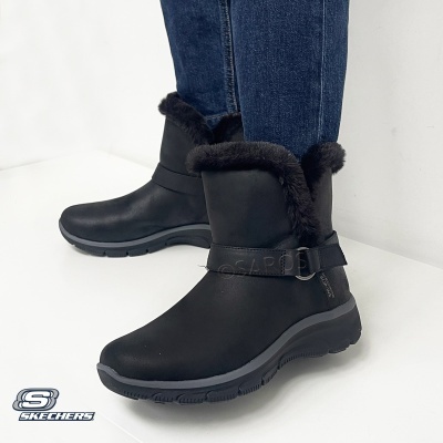 Botins Skechers pretos com pelo castanho escuro e sola cinza