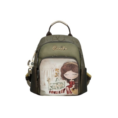 Mochila verde e castanha com estampa e texto know yourself