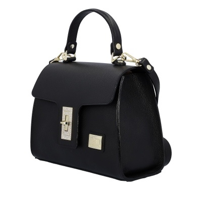 Bolsa preta de couro com fecho metálico dourado e alça superior