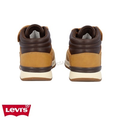 Sapatilhas altas castanho e amarelo-mostarda vistas de trás com logótipo Levi's