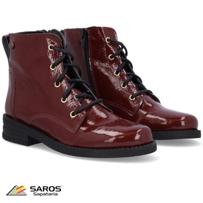 Botas femininas vermelhas vinho de couro verniz com atacadores pretos