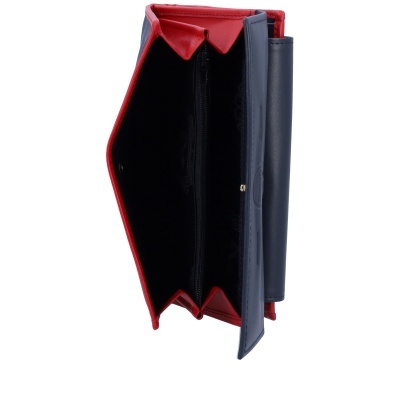 Carteira retangular azul e vermelha aberta mostrando interior