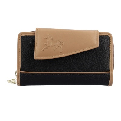 Carteira preta com detalhes castanhos e figura de cavalo em relevo