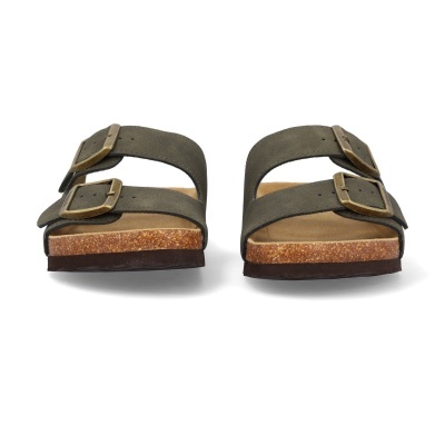 Sandálias com duas tiras verdes e fivelas douradas