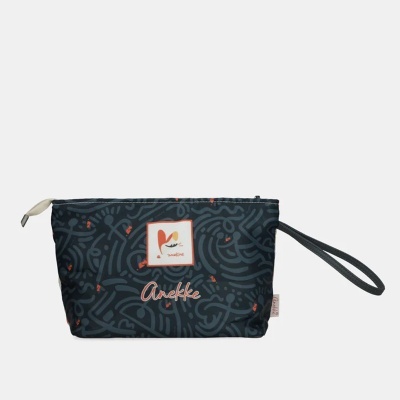 Bolsa maquilhagem Anekke preta com padrão abstrato cinzento e logo