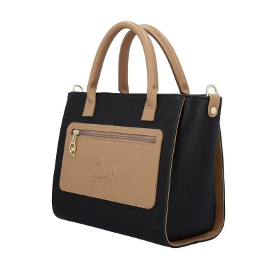 Mala preta e castanha com pegas e bolso frontal castanho com logo de cavalo