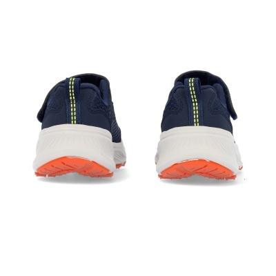 Ténis desportivos azuis escuros com sola branca e detalhes laranja