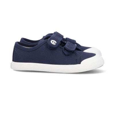 Sapatilhas azuis de tecido com sola branca e fechos de velcro