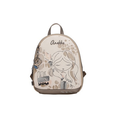 Mochila bege e castanha Anekke com ilustração e texto