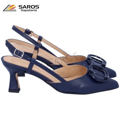 Sapatos slingback de pele azul com salto quadrado e detalhe redondo na frente