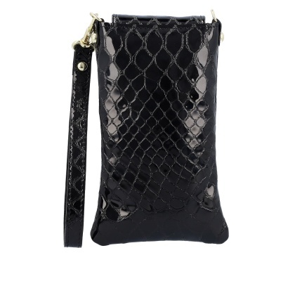 Bolsa de mão preta com padrão imitação de pele de crocodilo brilhante e alça de mão