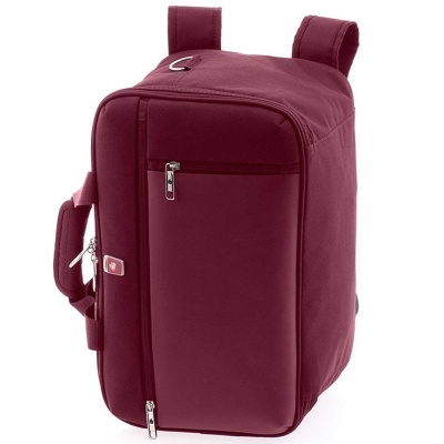 Mala/mochila de viagem bordô com fechos metálicos e alças acolchoadas
