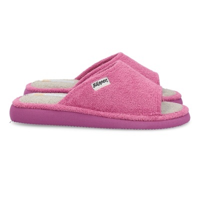Chinelos de quarto rosa felpudos com sola roxa e etiqueta Slipper