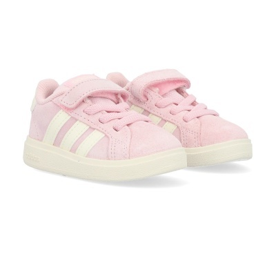 Ténis infantis rosa com riscas brancas adidas.