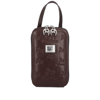Bolsa castanha de pele com gravações de cavalos e fecho metálico